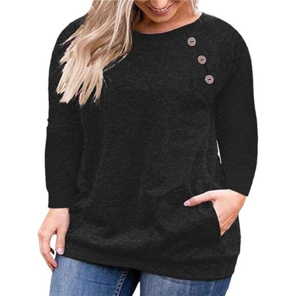 Women’s Plus Size Long Sleeve Button-Down Shirt with Pockets - Picture 1 of 5